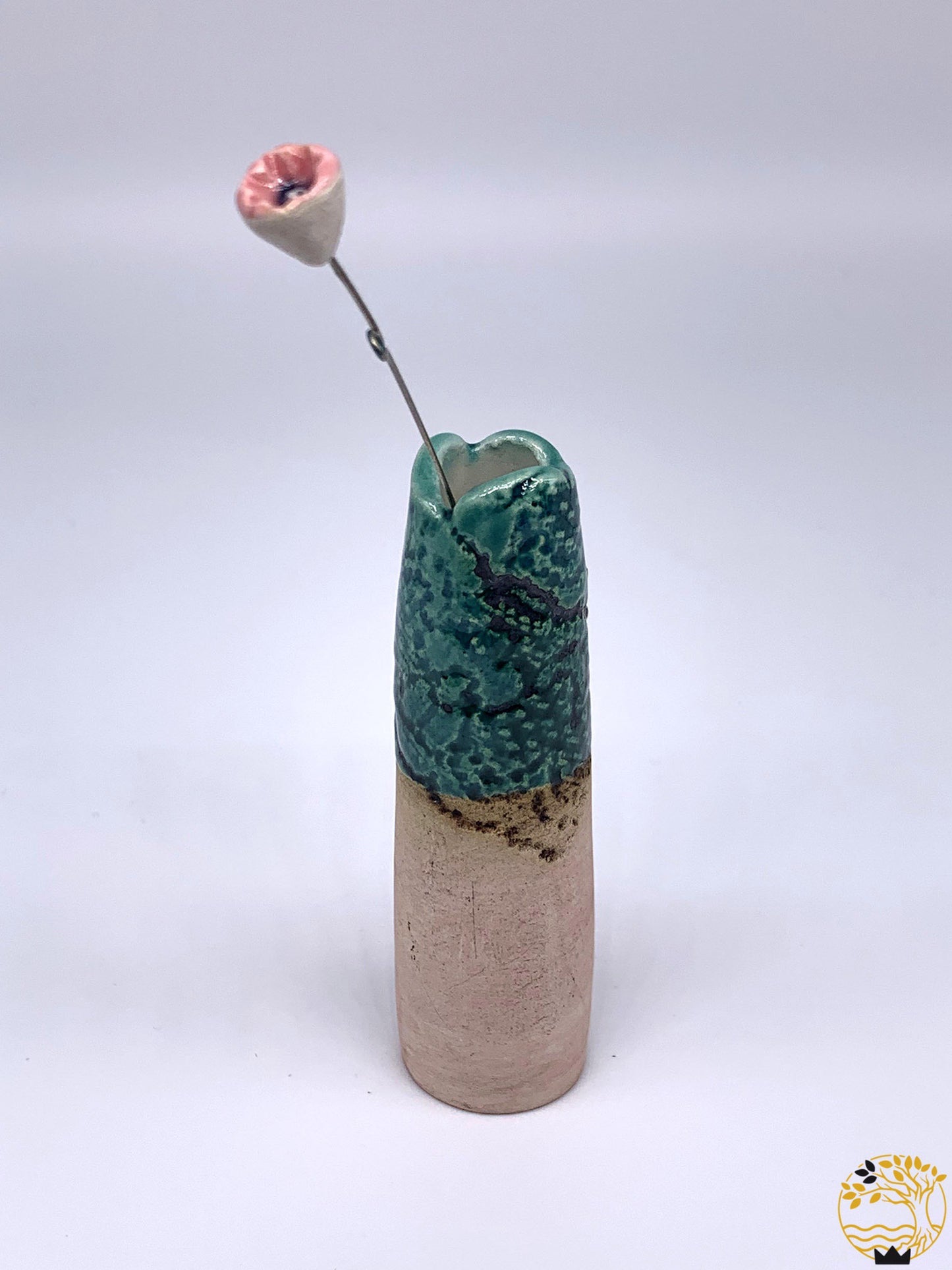 Keramik Vase mit Blume grün/rosa