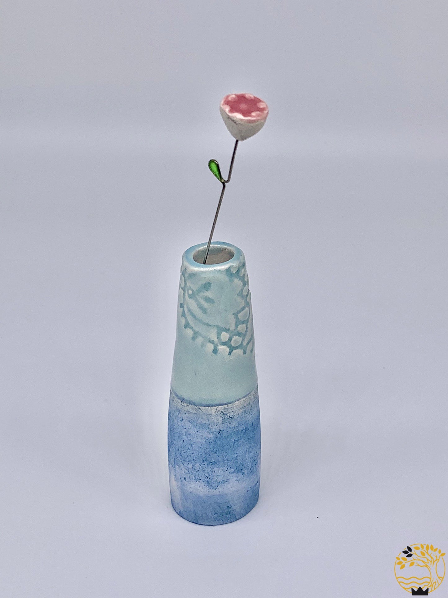 Keramik Vase mit Blume in türkis/rosa