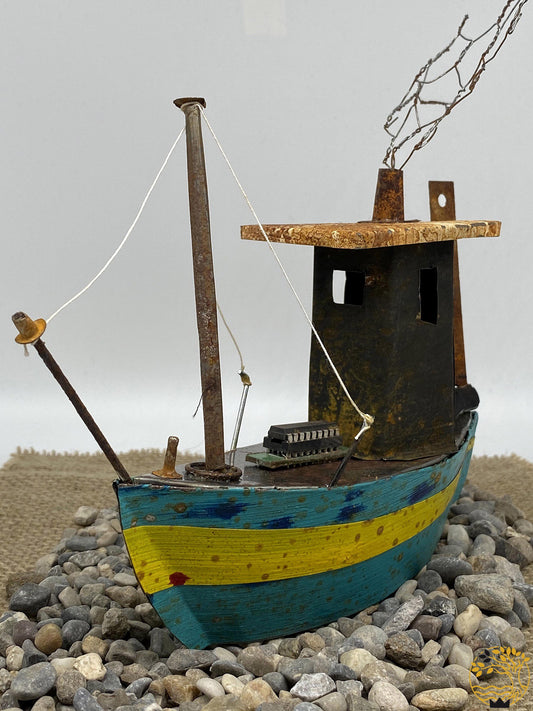 Fischerboot zum Aufstellen aus recyceltem Material türkis/gelb